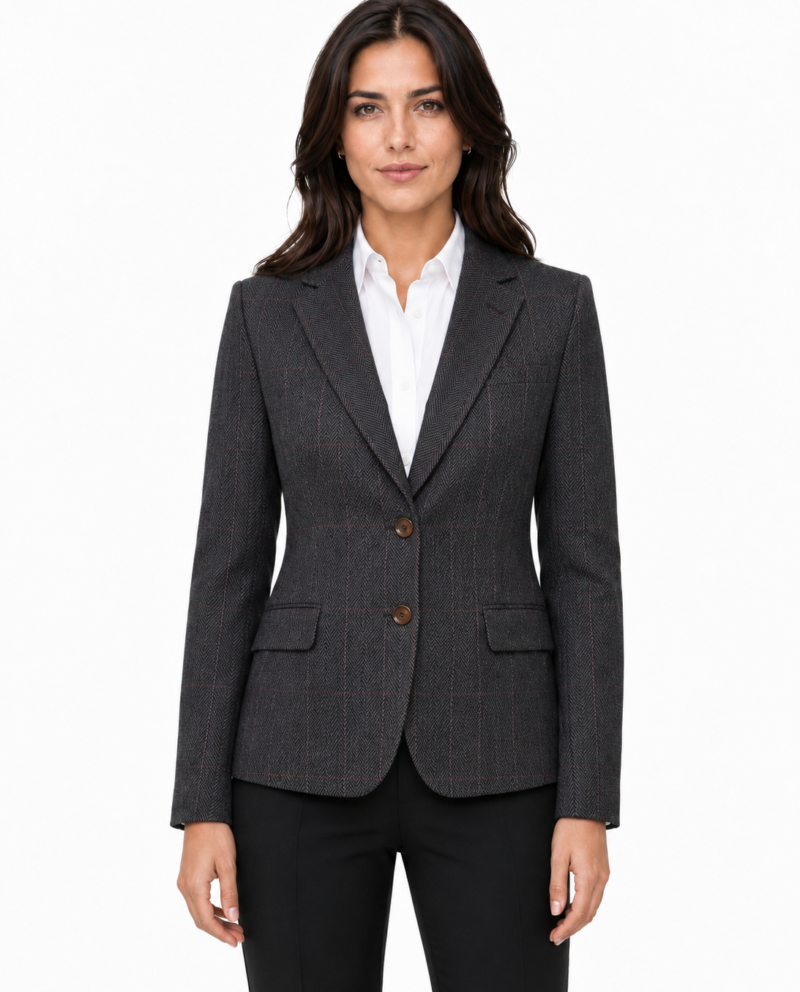 Women’s Dark Grey Herringbone Tweed with Overcheck Single-Breasted Jacket
