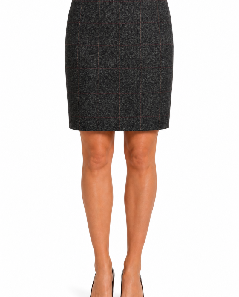 Women’s Dark Grey Herringbone Tweed with Overcheck Tailored Skirt