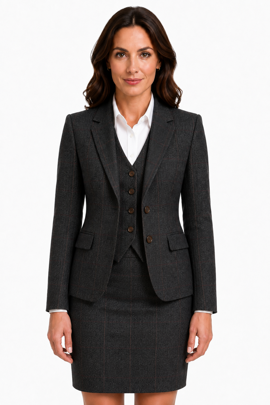 Women’s Dark Grey Herringbone Tweed with Overcheck Waistcoat - Image 4