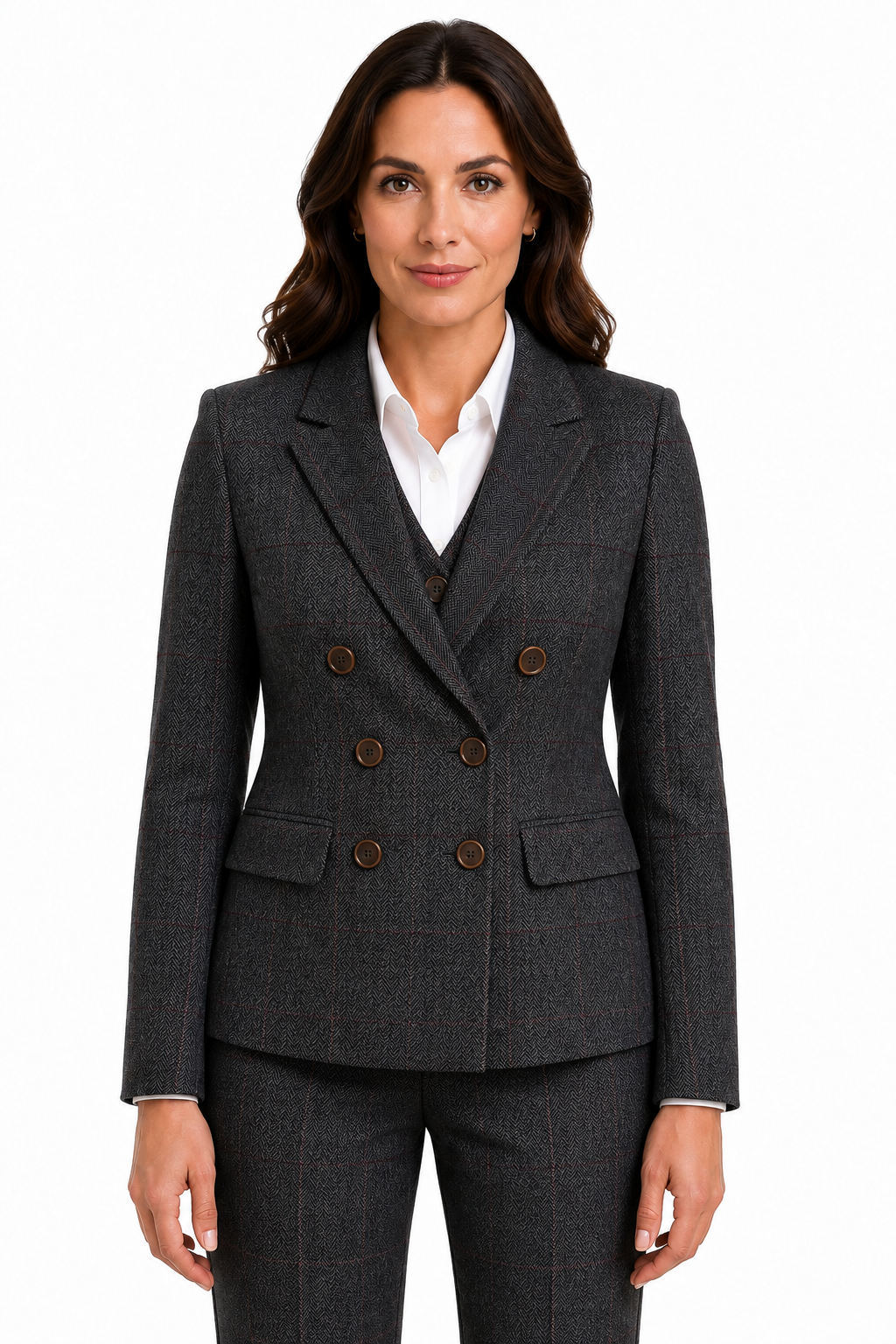 Women’s Dark Grey Herringbone Tweed with Overcheck Trousers - Image 6