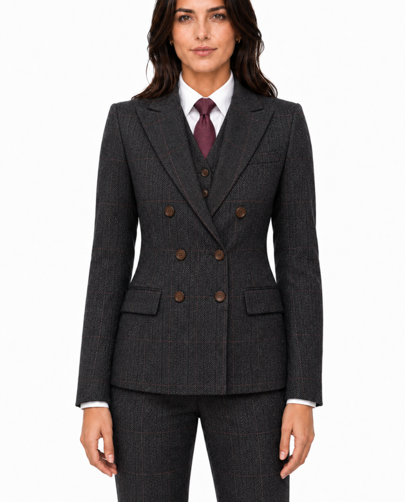 Women’s Dark Grey Herringbone Tweed with Overcheck Double-Breasted Trouser Suit