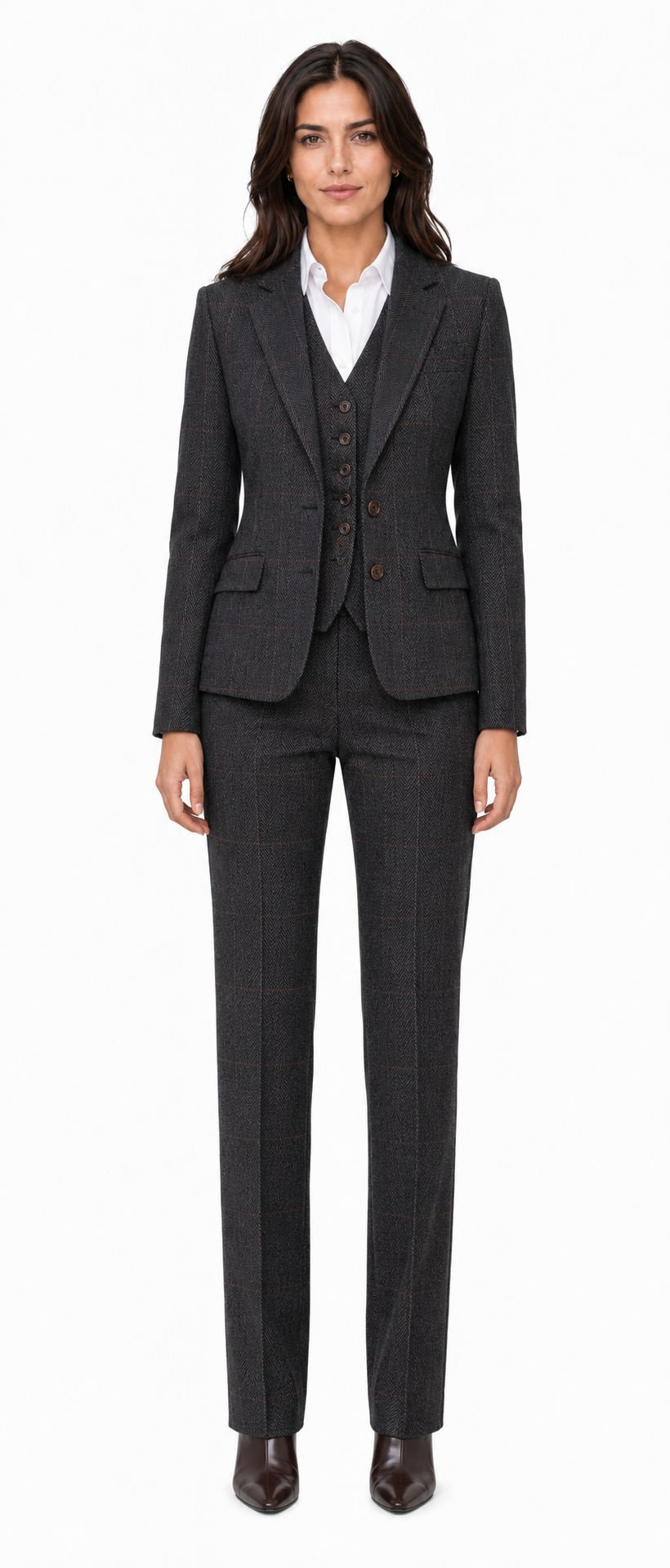 Women’s Dark Grey Herringbone Tweed with Overcheck Waistcoat - Image 3