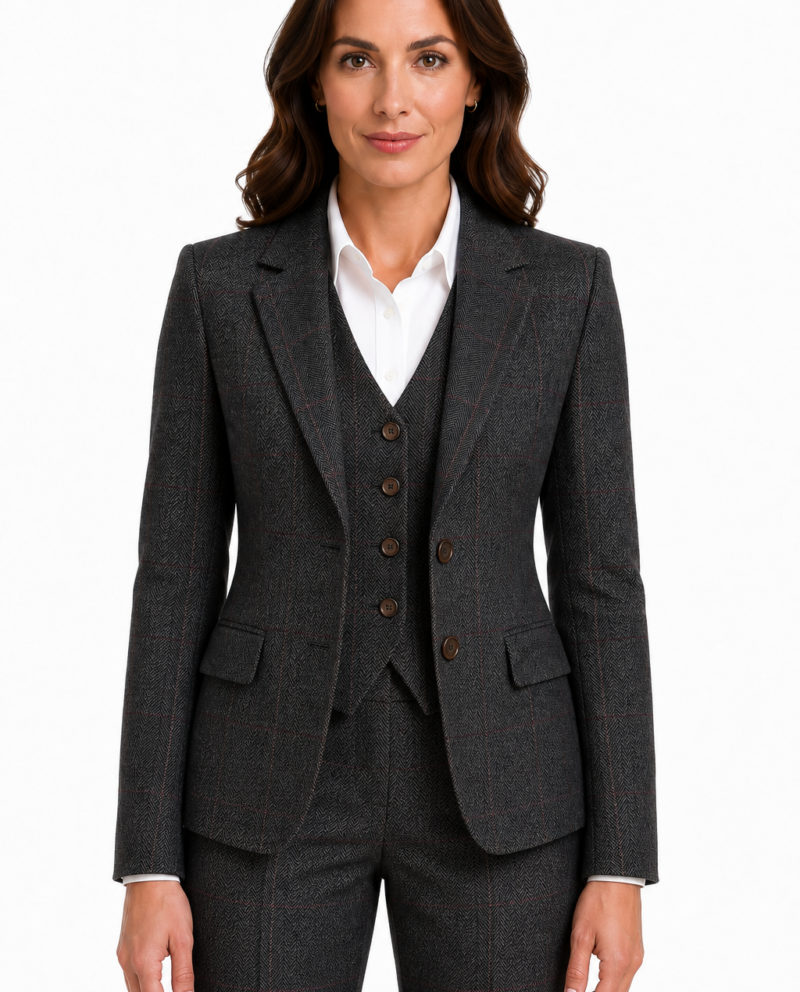 Women’s Dark Grey Herringbone Tweed with Overcheck Single-Breasted Trouser Suit