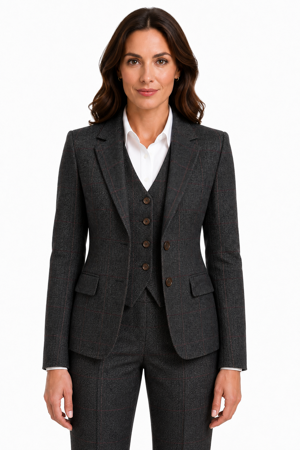 Women’s Dark Grey Herringbone Tweed with Overcheck Waistcoat - Image 2