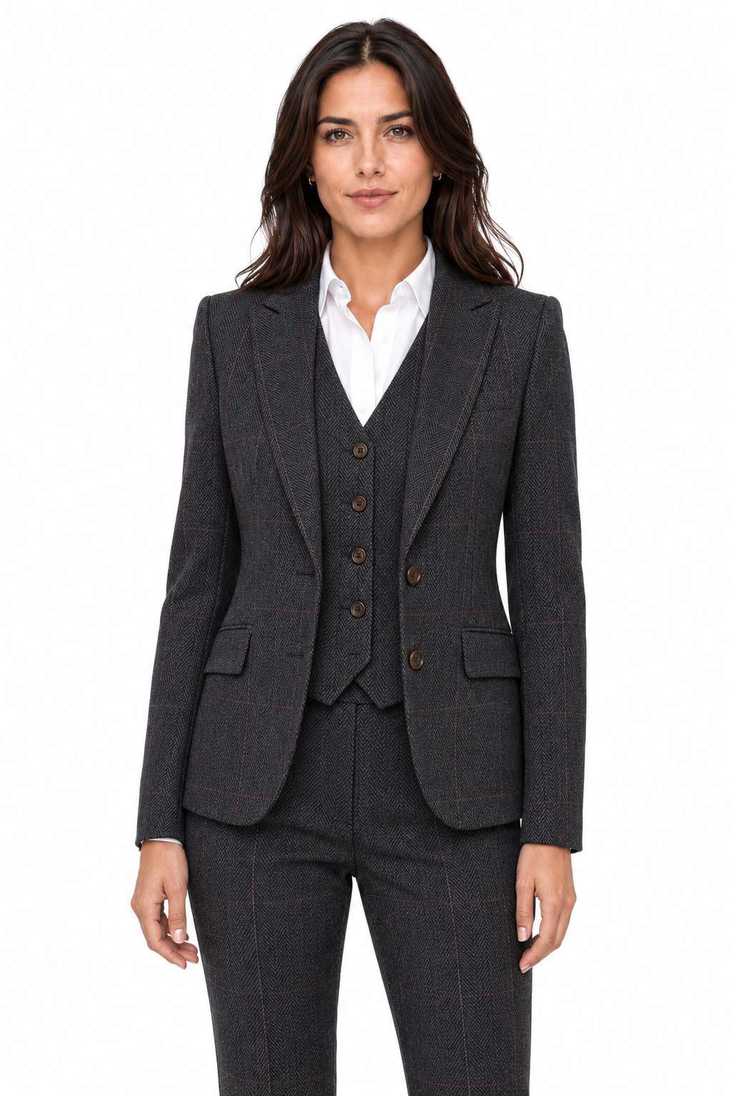 Women’s Dark Grey Herringbone Tweed with Overcheck Trousers - Image 5