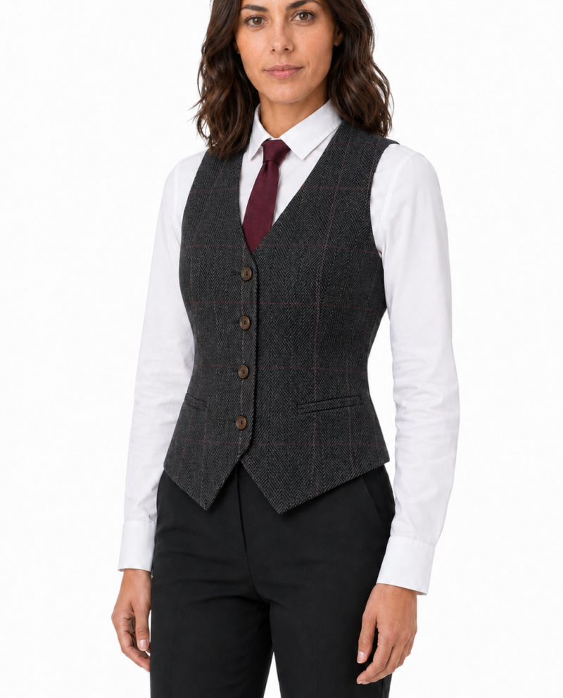 Women’s Dark Grey Herringbone Tweed with Overcheck Waistcoat