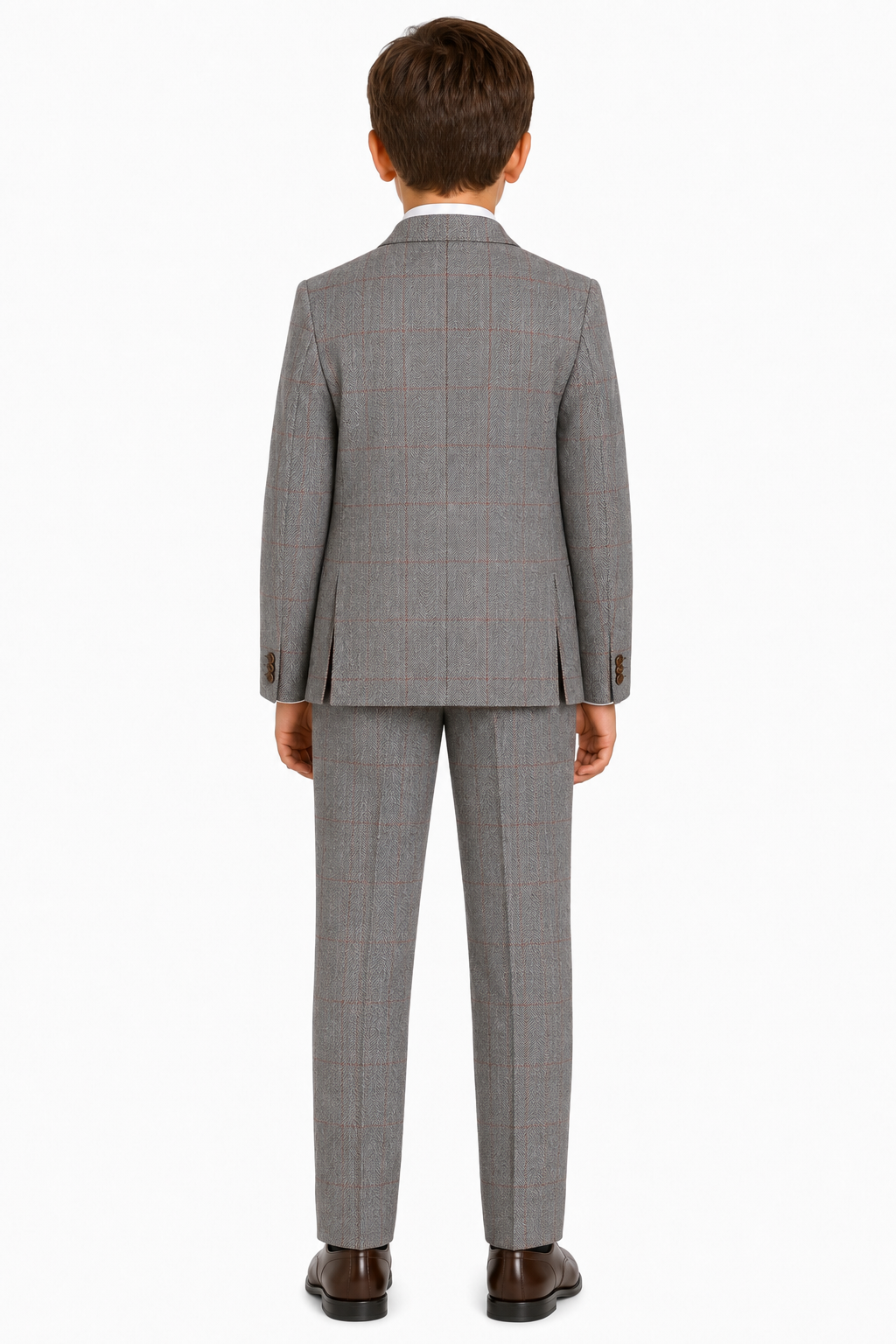Boys’ Light Grey Herringbone Tweed with Overcheck Three-Piece Suit - Image 3