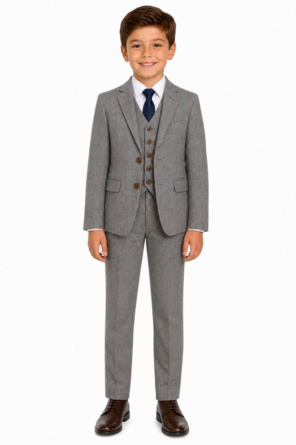 Boys’ Light Grey Herringbone Tweed with Overcheck Three-Piece Suit - Image 2