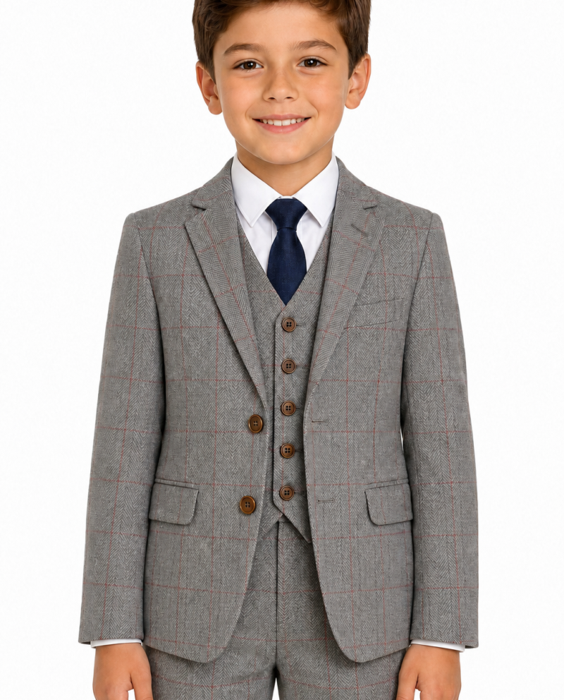 Boys’ Light Grey Herringbone Tweed with Overcheck Jacket