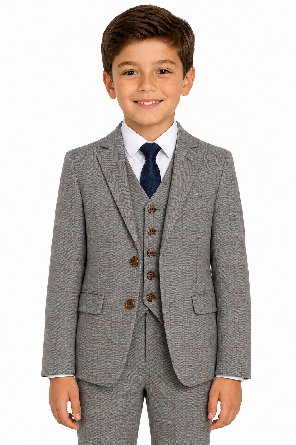 Boys’ Light Grey Herringbone Tweed with Overcheck Three-Piece Suit