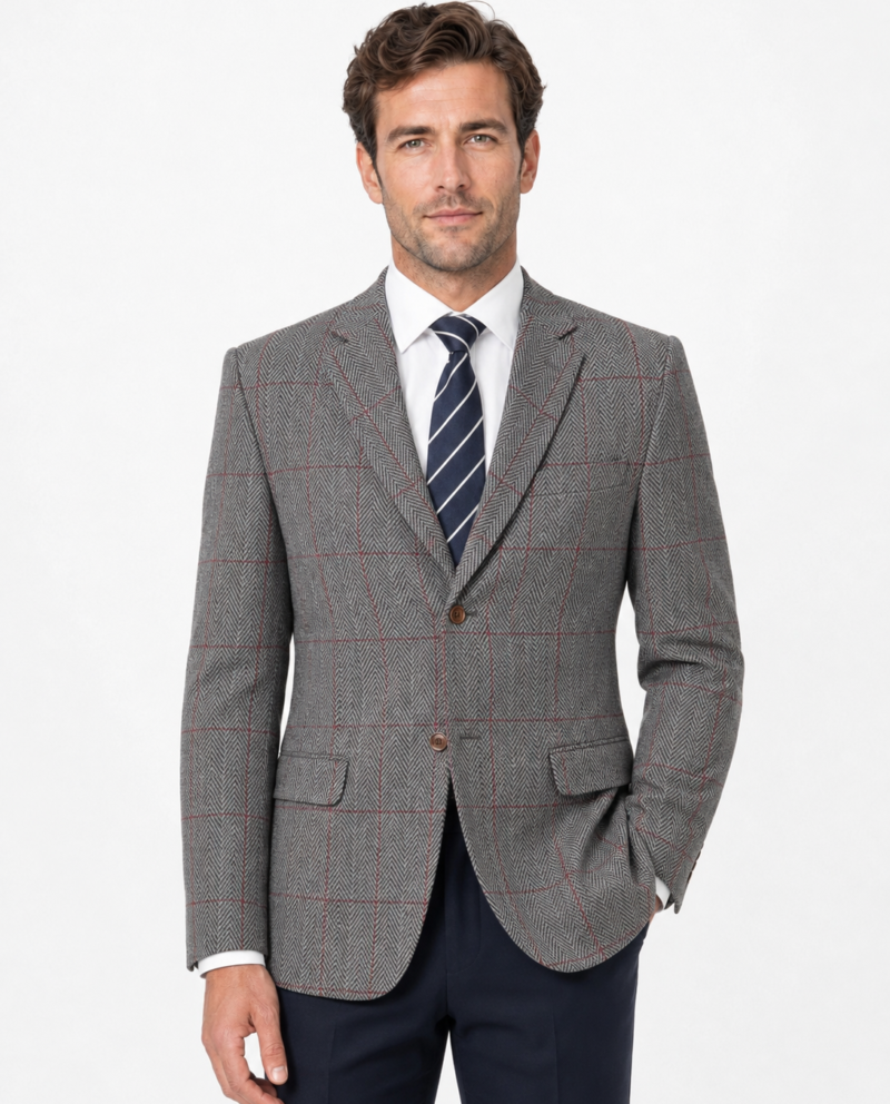 Men’s Light Grey Herringbone Tweed with Overcheck Single-Breasted Jacket