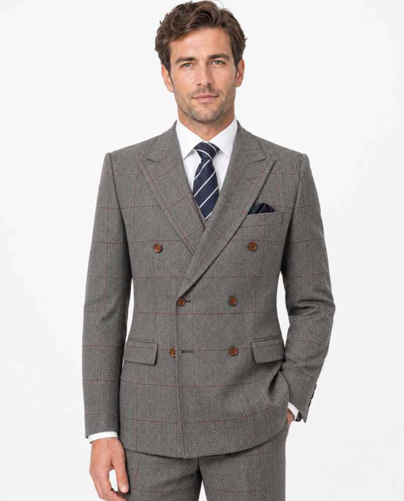 Men’s Light Grey Herringbone Tweed with Overcheck Double-Breasted Three-Piece Suit