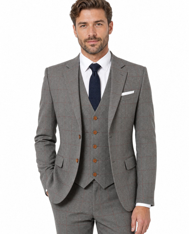 Men’s Made-to-Measure Light Grey Herringbone Tweed with Overcheck Three-Piece Suit
