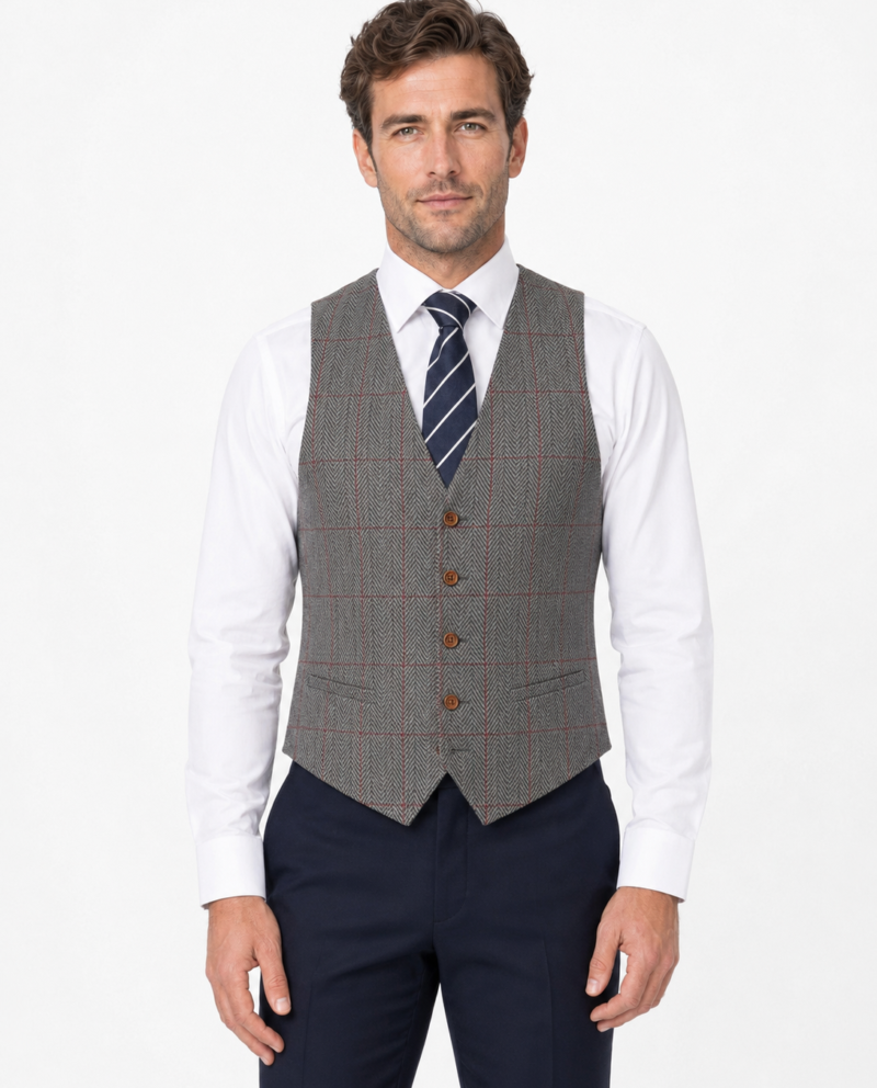 Men’s Light Grey Herringbone Tweed with Overcheck Waistcoat