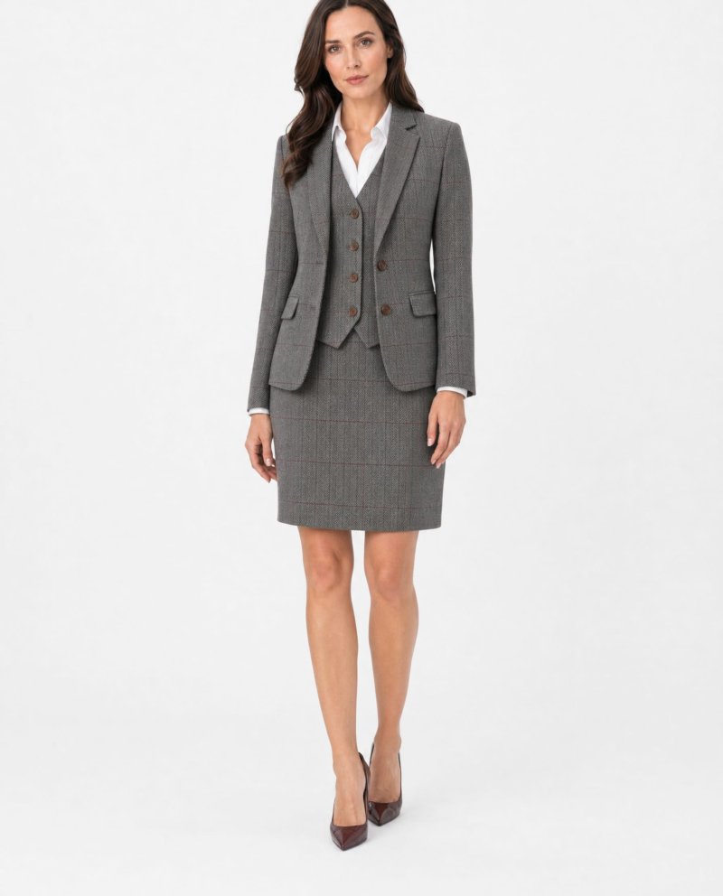 Women’s Light Grey Herringbone Tweed with Overcheck Single-Breasted Skirt Suit