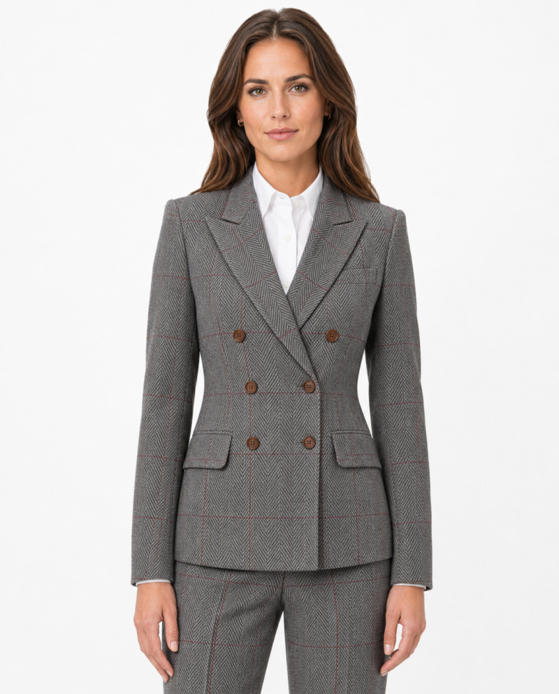 Women’s Light Grey Herringbone Tweed with Overcheck Double-Breasted Trouser Suit