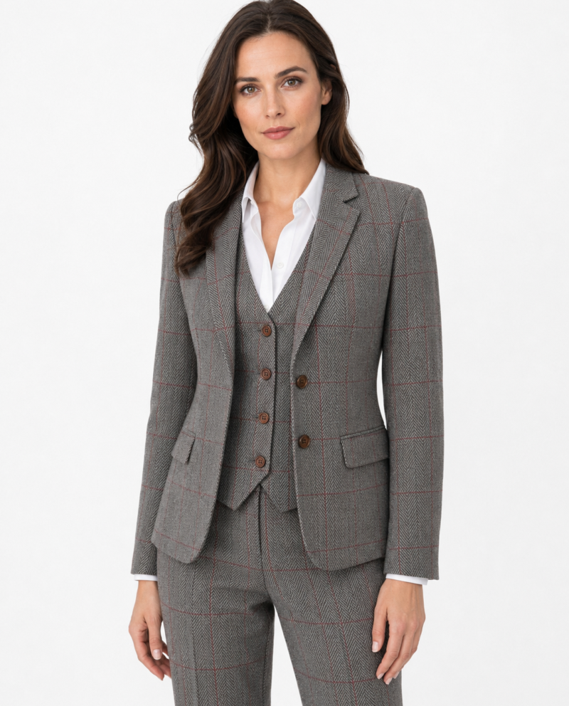 Women’s Made-to-Measure Light Grey Herringbone Tweed with Overcheck Three-Piece Suit