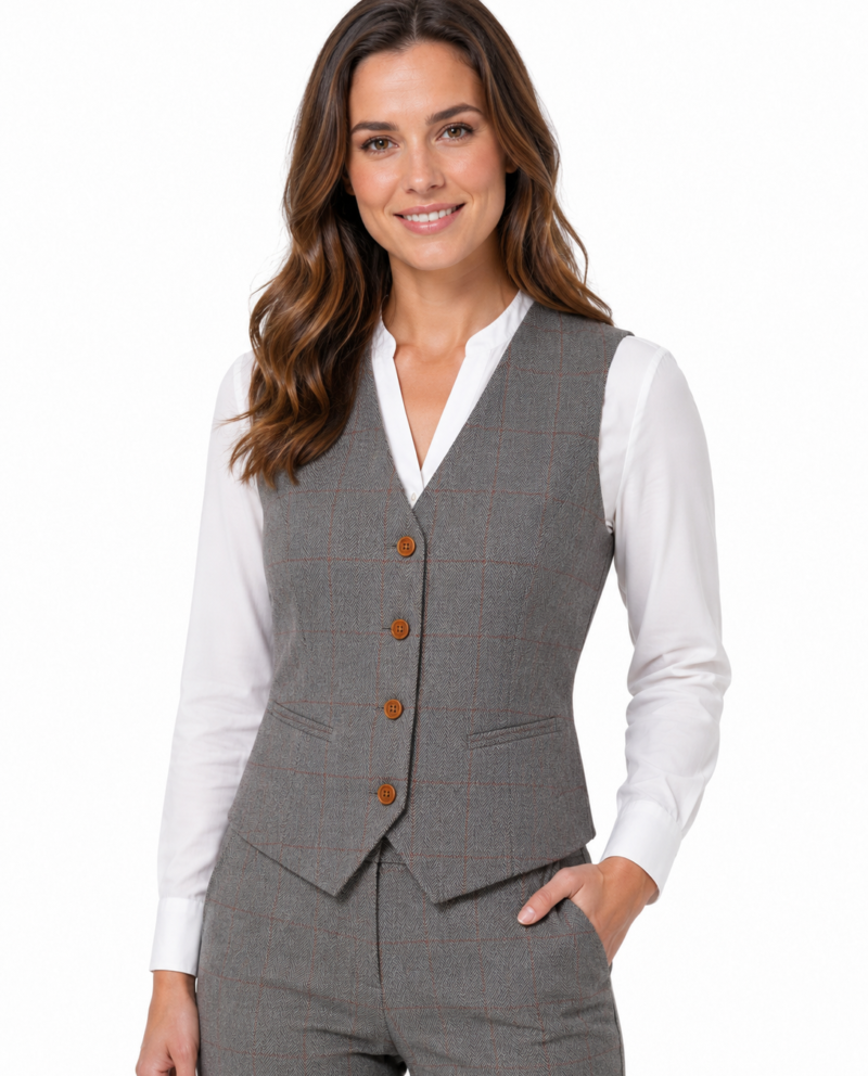 Women’s Light Grey Herringbone Tweed with Overcheck Waistcoat