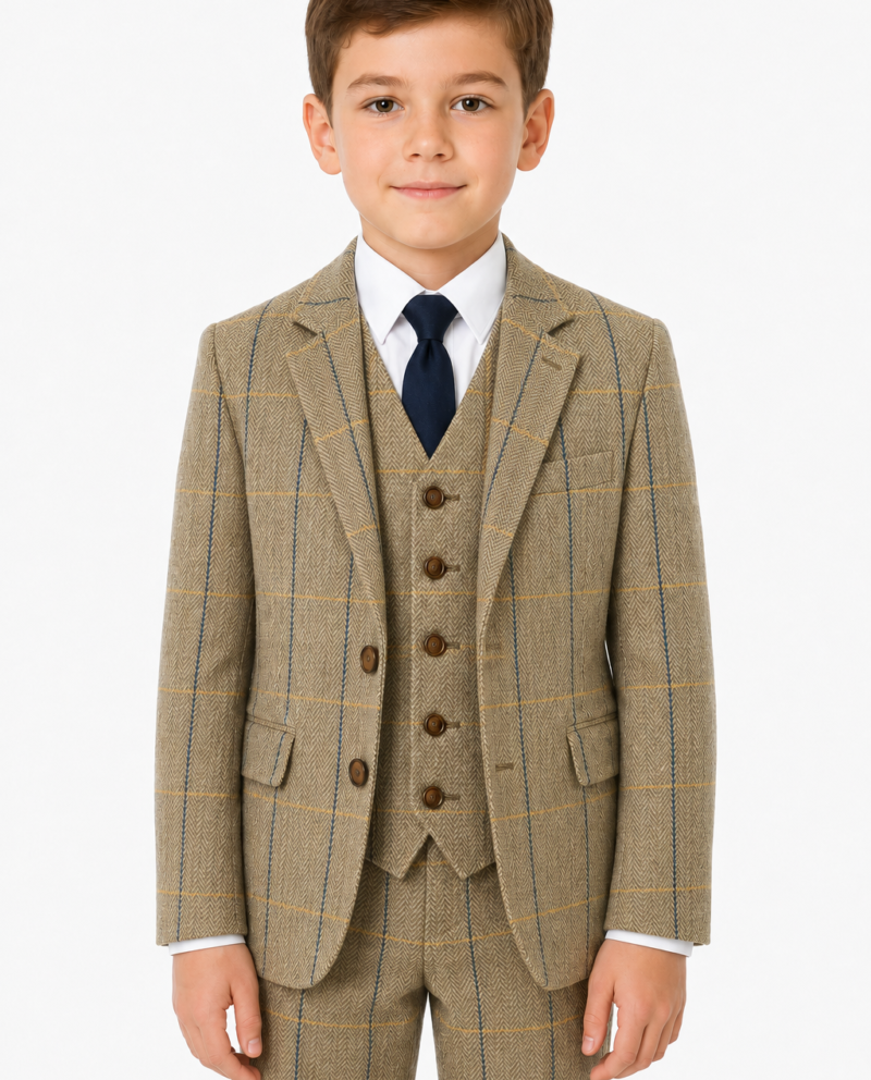 Boys’ Tan Herringbone Tweed with Overcheck Three-Piece Suit