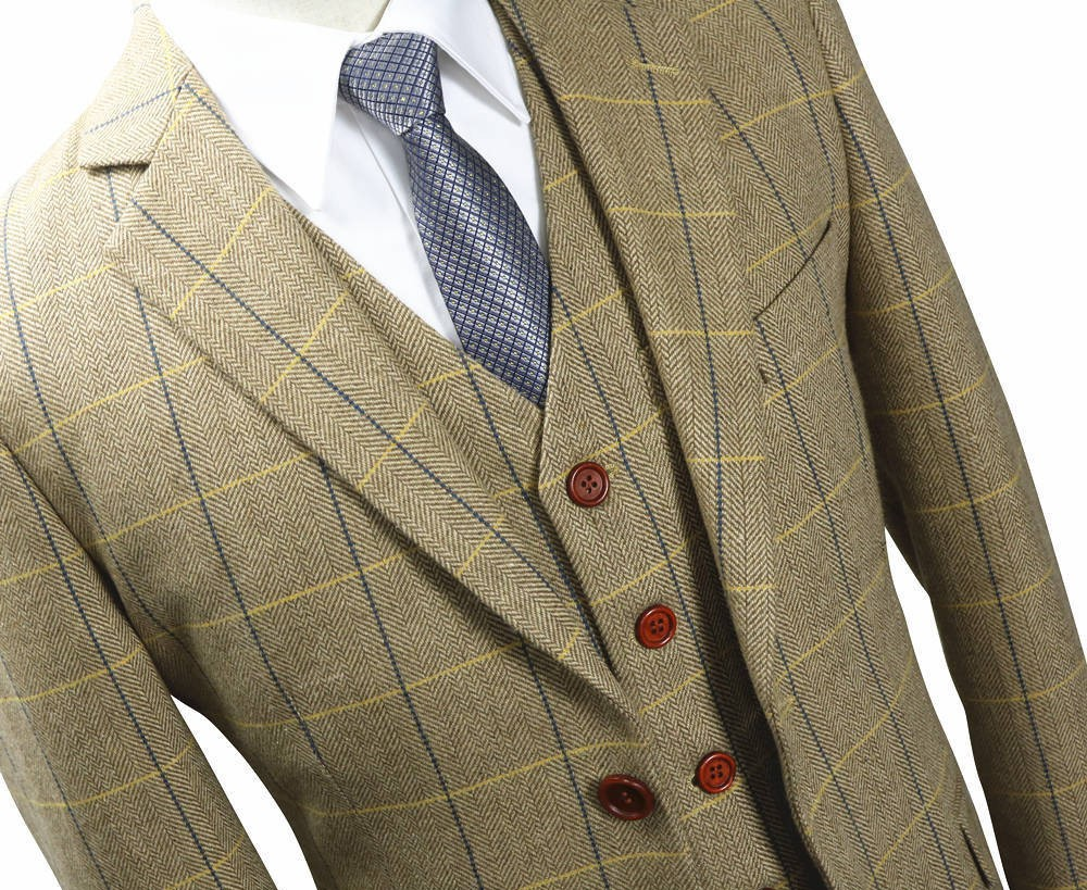 Men’s Made-to-Measure Tan Herringbone Tweed with Overcheck Three-Piece Suit - Image 2