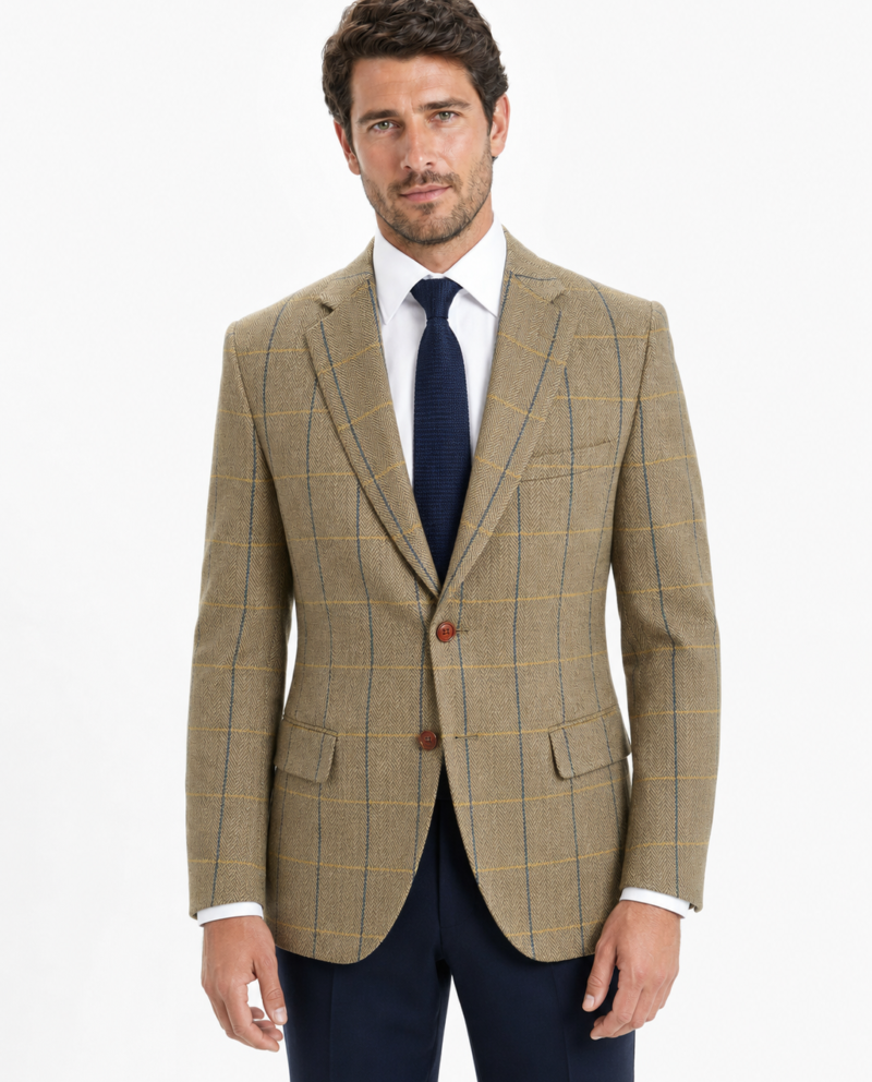 Men’s Tan Herringbone Tweed with Overcheck Single-Breasted Jacket