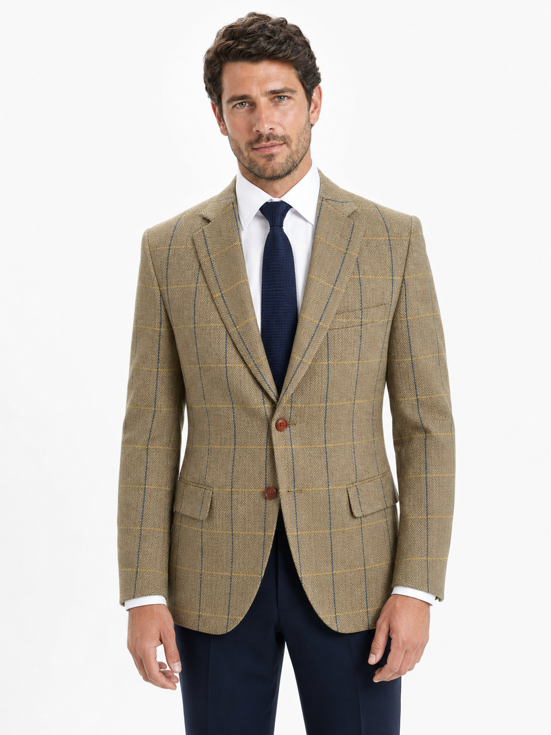Men’s Made-to-Measure Tan Herringbone Tweed with Overcheck Three-Piece Suit - Image 3