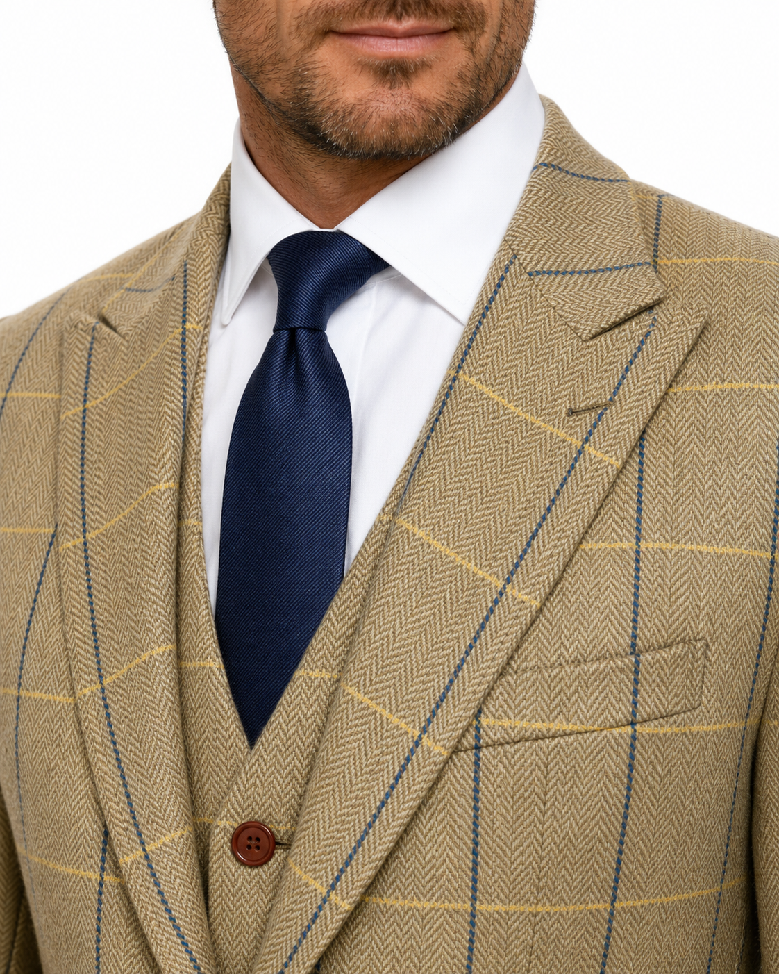 Men’s Made-to-Measure Tan Herringbone Tweed with Overcheck Three-Piece Suit - Image 4