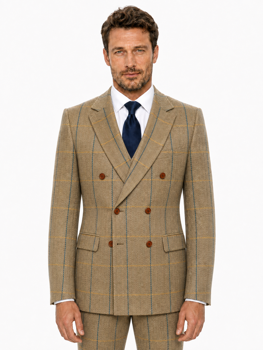 Men’s Made-to-Measure Tan Herringbone Tweed with Overcheck Three-Piece Suit - Image 6