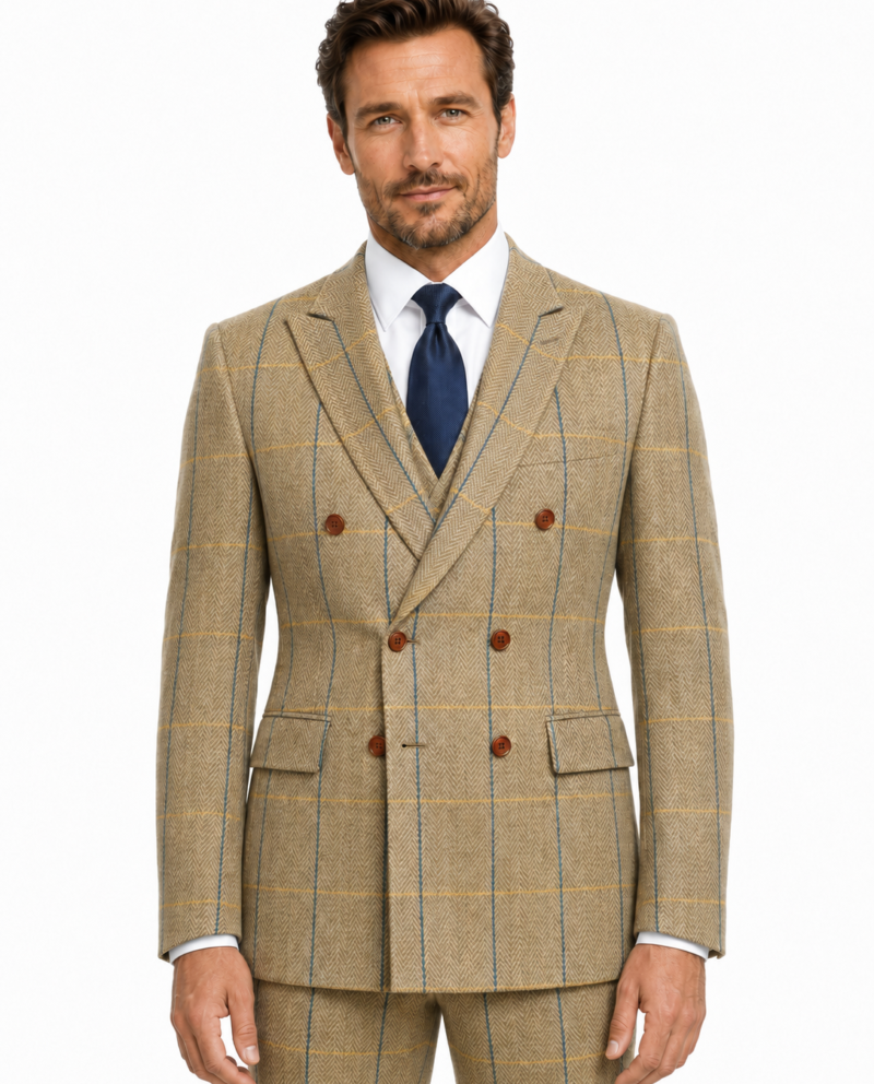 Men’s Tan Herringbone Tweed with Overcheck Double-Breasted Three-Piece Suit
