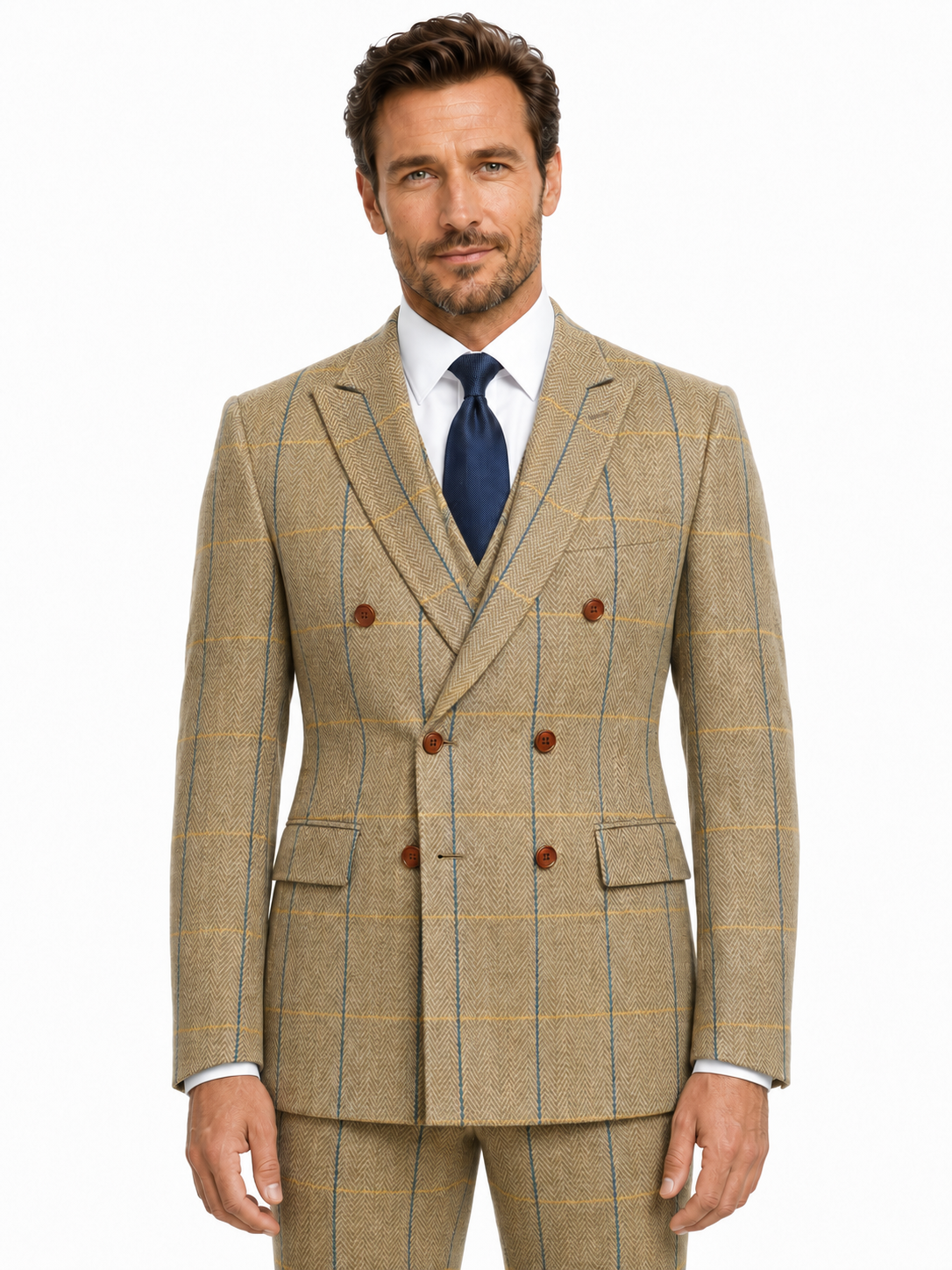 Men’s Made-to-Measure Tan Herringbone Tweed with Overcheck Three-Piece Suit - Image 8