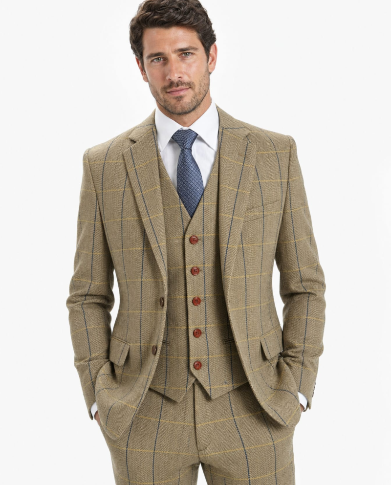 Men’s Made-to-Measure Tan Herringbone Tweed with Overcheck Three-Piece Suit