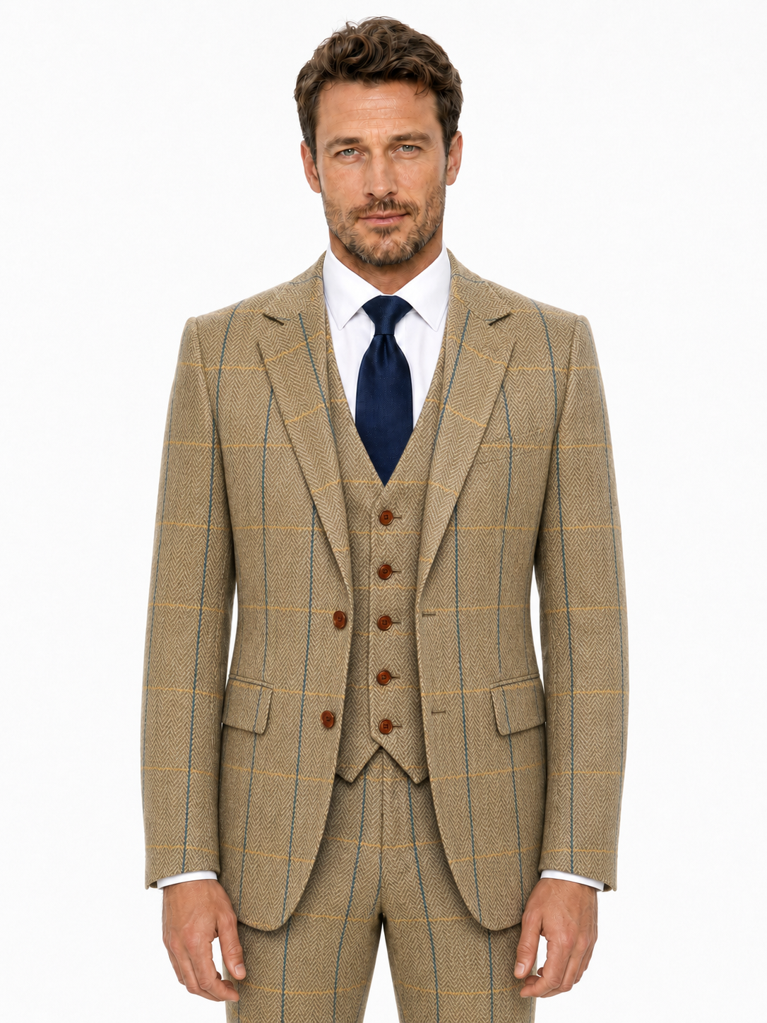 Men’s Made-to-Measure Tan Herringbone Tweed with Overcheck Three-Piece Suit - Image 10