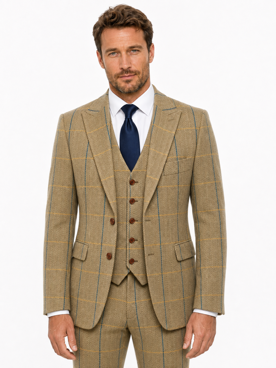 Men’s Made-to-Measure Tan Herringbone Tweed with Overcheck Three-Piece Suit - Image 11
