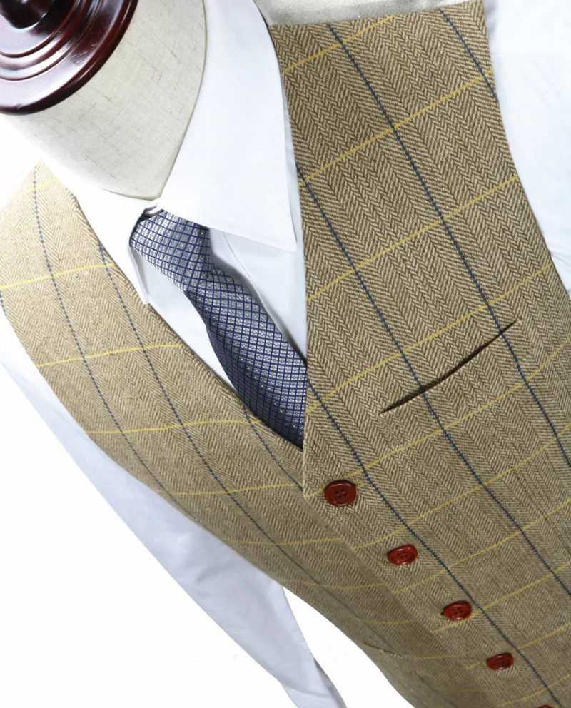 Men’s Tan Herringbone Tweed with Overcheck Waistcoat