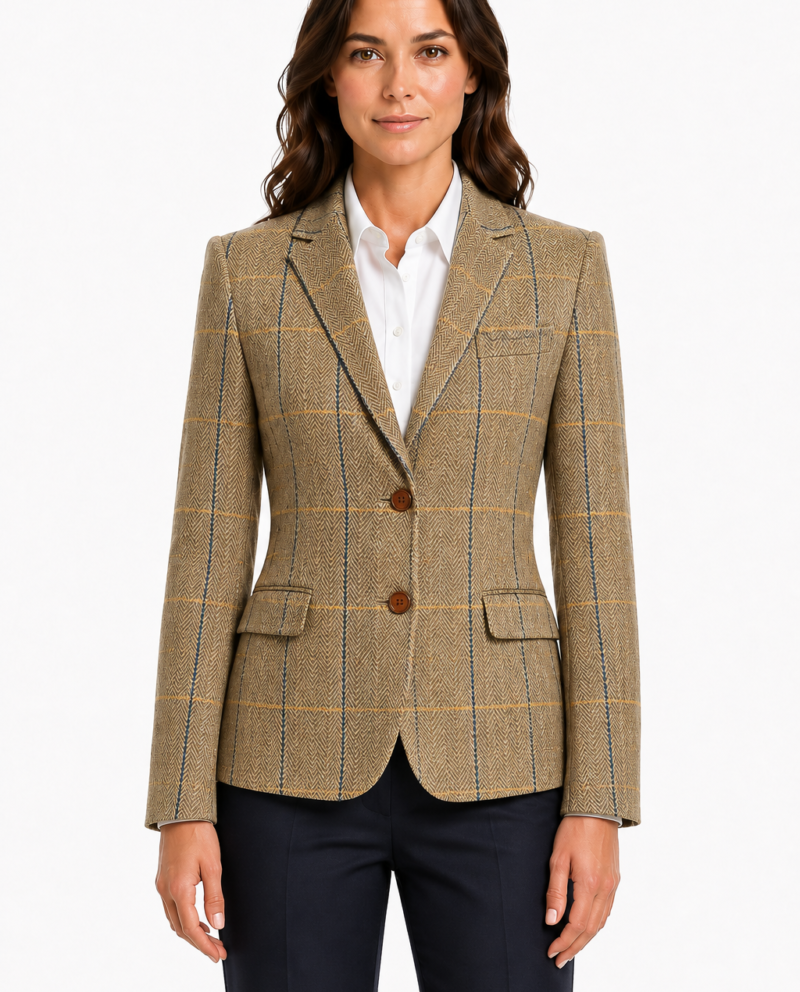 Women’s Tan Herringbone Tweed with Overcheck Single-Breasted Jacket