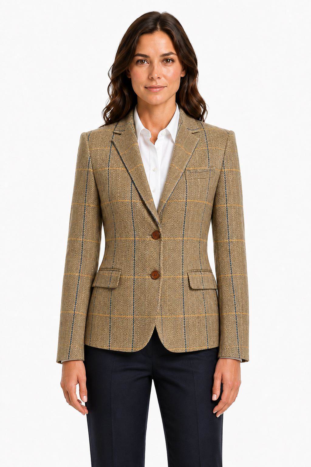 Women’s Made-to-Measure Tan Herringbone Tweed with Overcheck Three-Piece Suit - Image 2