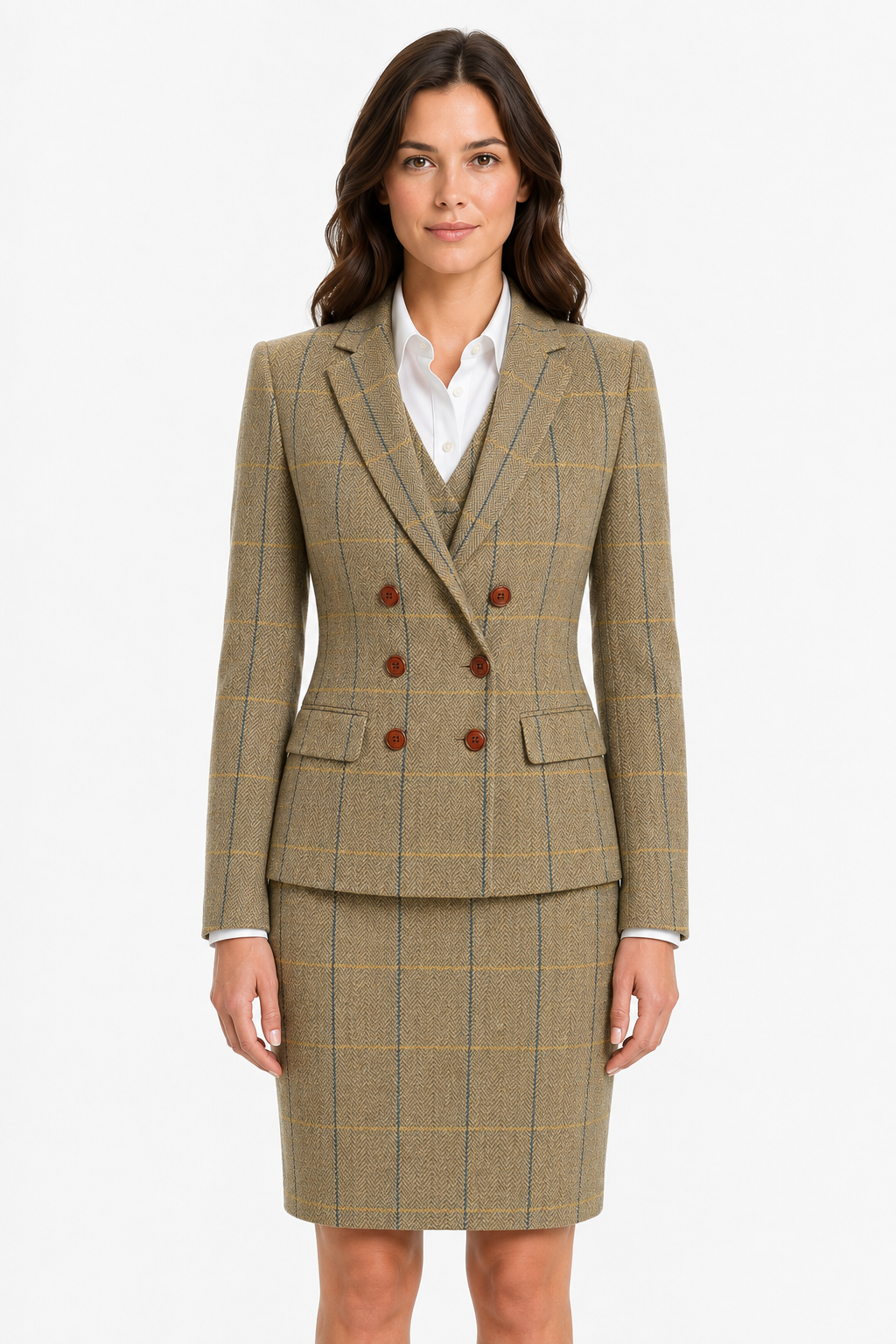 Women’s Made-to-Measure Tan Herringbone Tweed with Overcheck Three-Piece Suit - Image 4