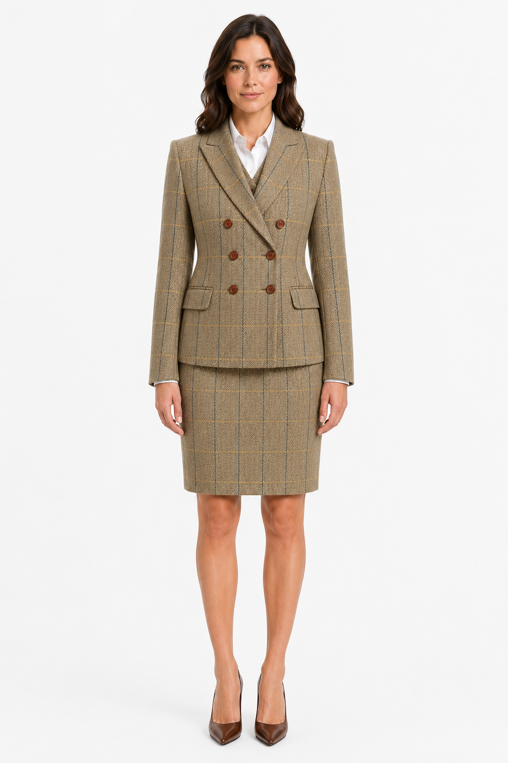 Women’s Made-to-Measure Tan Herringbone Tweed with Overcheck Three-Piece Suit - Image 5
