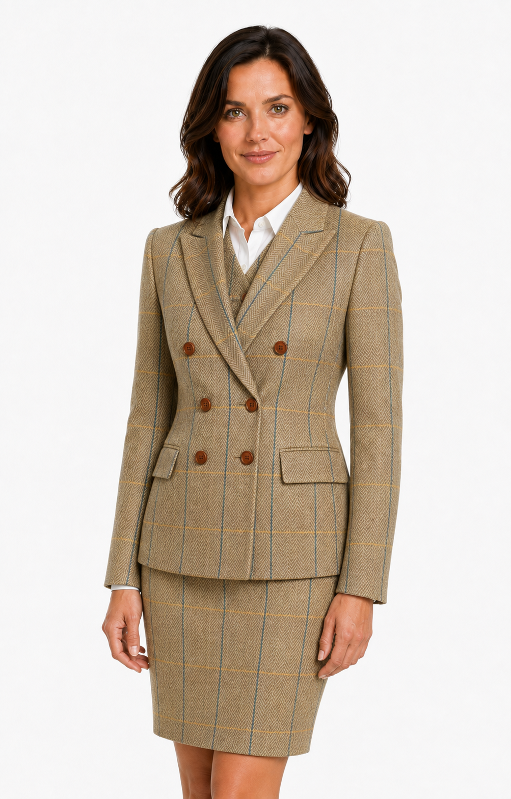 Women’s Made-to-Measure Tan Herringbone Tweed with Overcheck Three-Piece Suit - Image 7