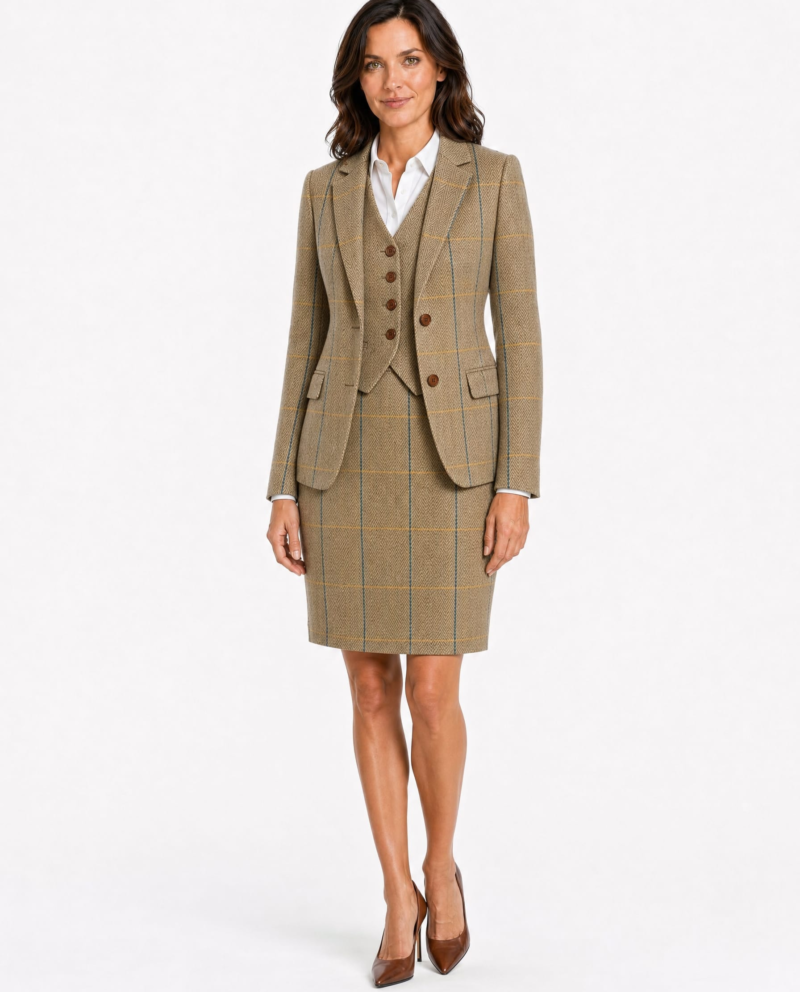 Women’s Tan Herringbone Tweed with Overcheck Single-Breasted Skirt Suit