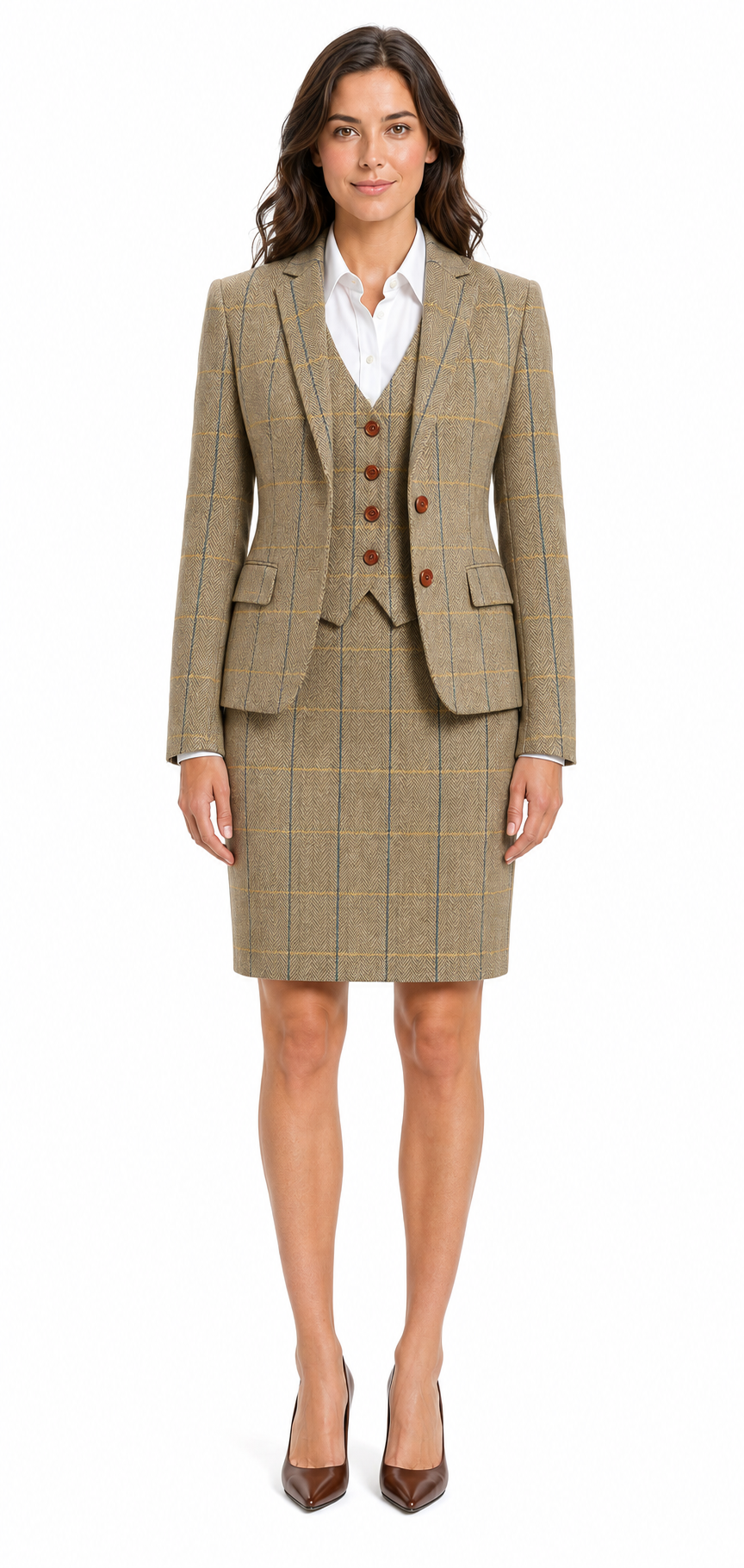 Women’s Made-to-Measure Tan Herringbone Tweed with Overcheck Three-Piece Suit - Image 9