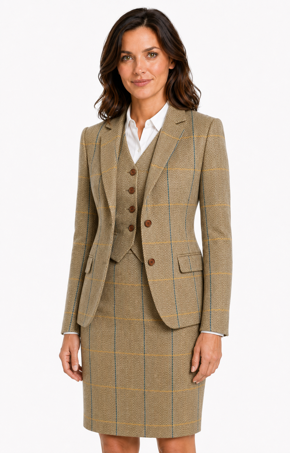Women’s Made-to-Measure Tan Herringbone Tweed with Overcheck Three-Piece Suit - Image 10