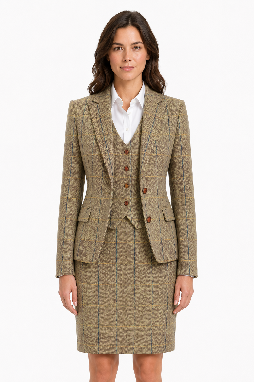 Women’s Made-to-Measure Tan Herringbone Tweed with Overcheck Three-Piece Suit - Image 11