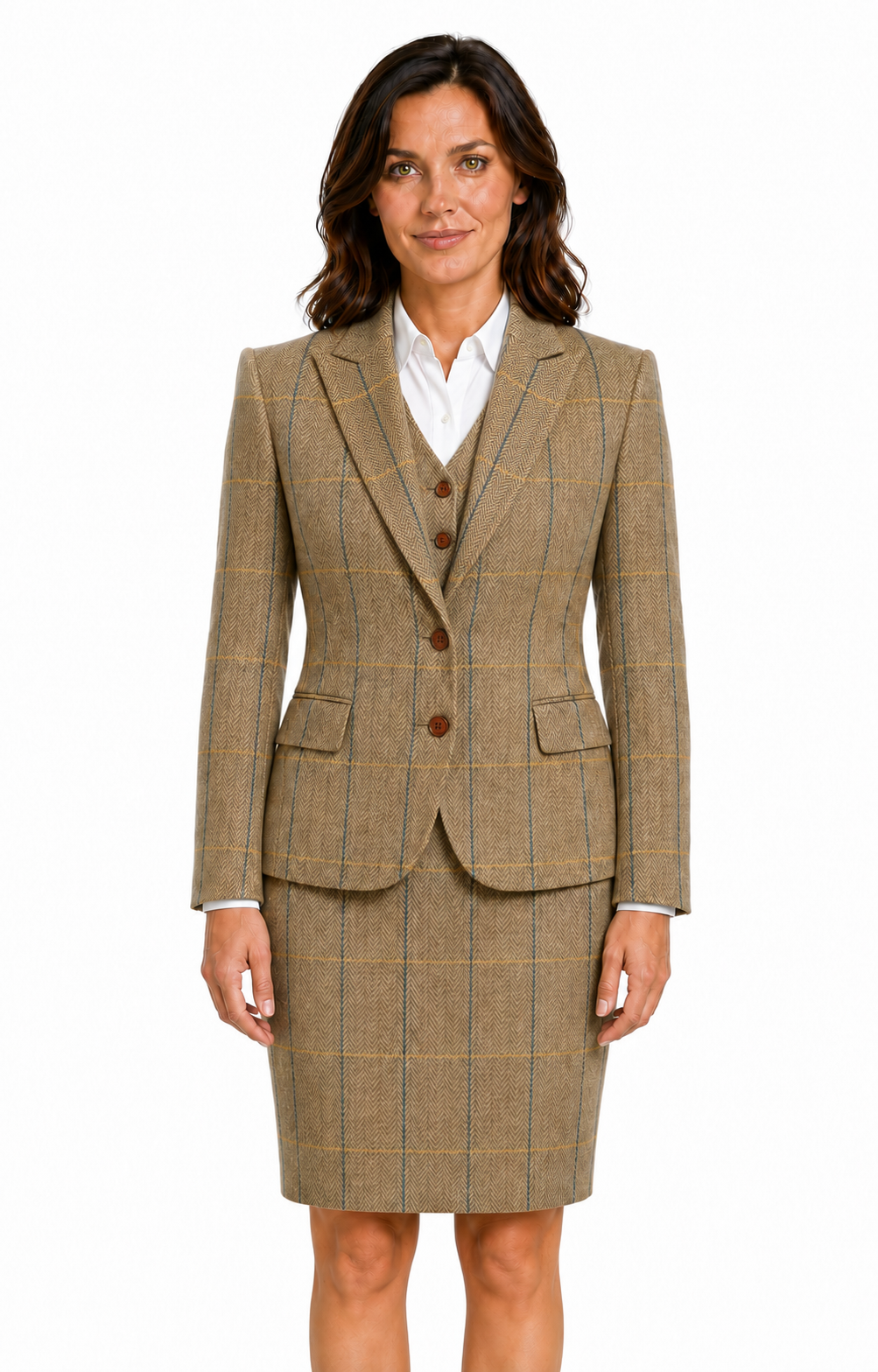 Women’s Made-to-Measure Tan Herringbone Tweed with Overcheck Three-Piece Suit - Image 12