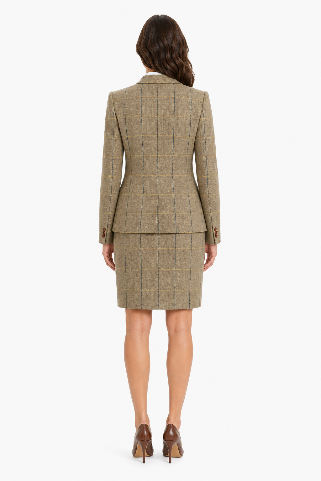 Women’s Made-to-Measure Tan Herringbone Tweed with Overcheck Three-Piece Suit - Image 13