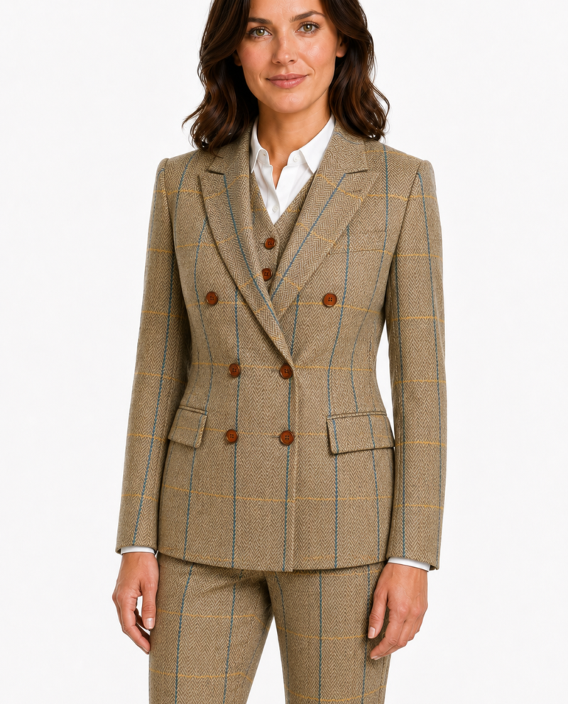 Women’s Tan Herringbone Tweed with Overcheck Double-Breasted Trouser Suit