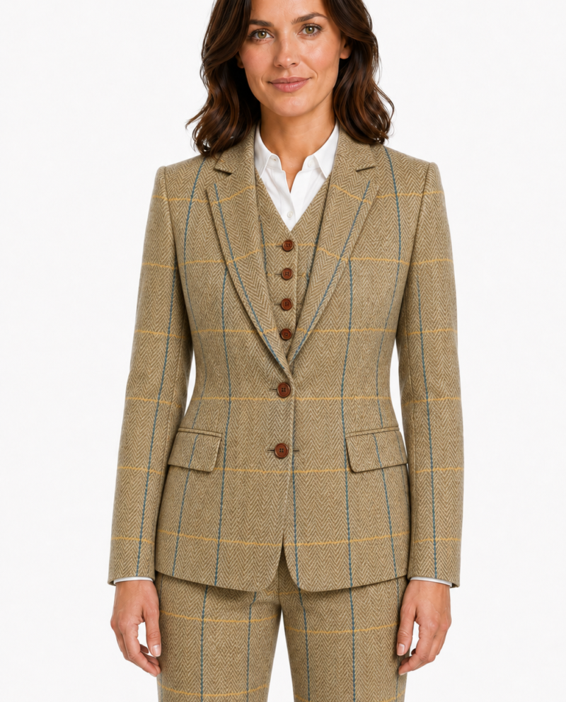 Women’s Made-to-Measure Tan Herringbone Tweed with Overcheck Three-Piece Suit
