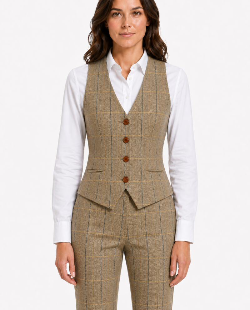 Women’s Tan Herringbone Tweed with Overcheck Waistcoat