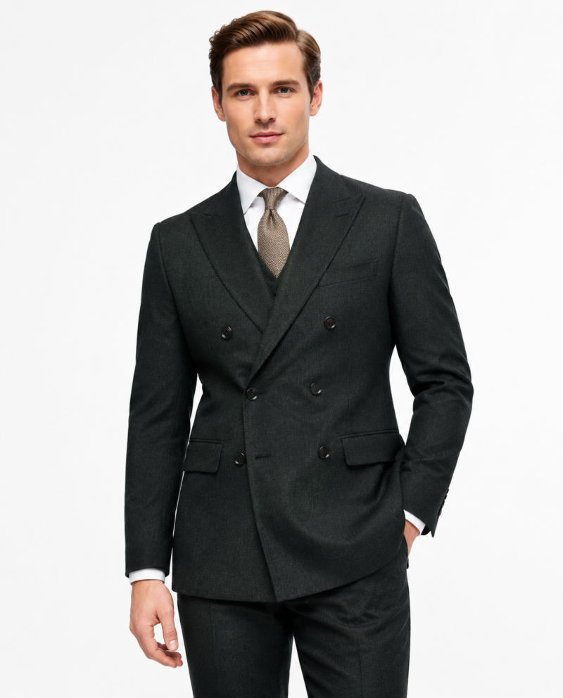 Men’s Dark Green Highland Weave Tweed Double-Breasted Jacket