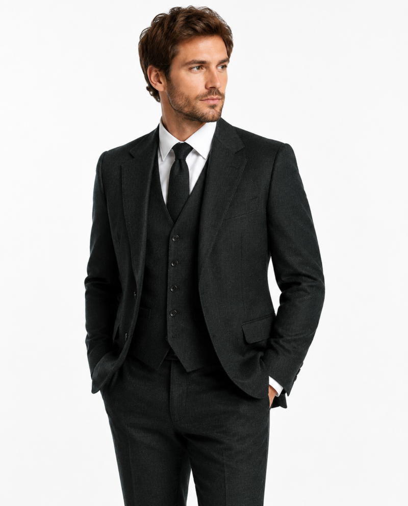 Men’s Made-to-Measure Dark Green Highland Weave Tweed Three-Piece Suit